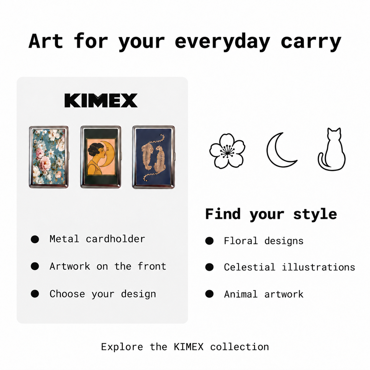 KIMEX metal cardholders in floral, celestial and animal artwork styles
