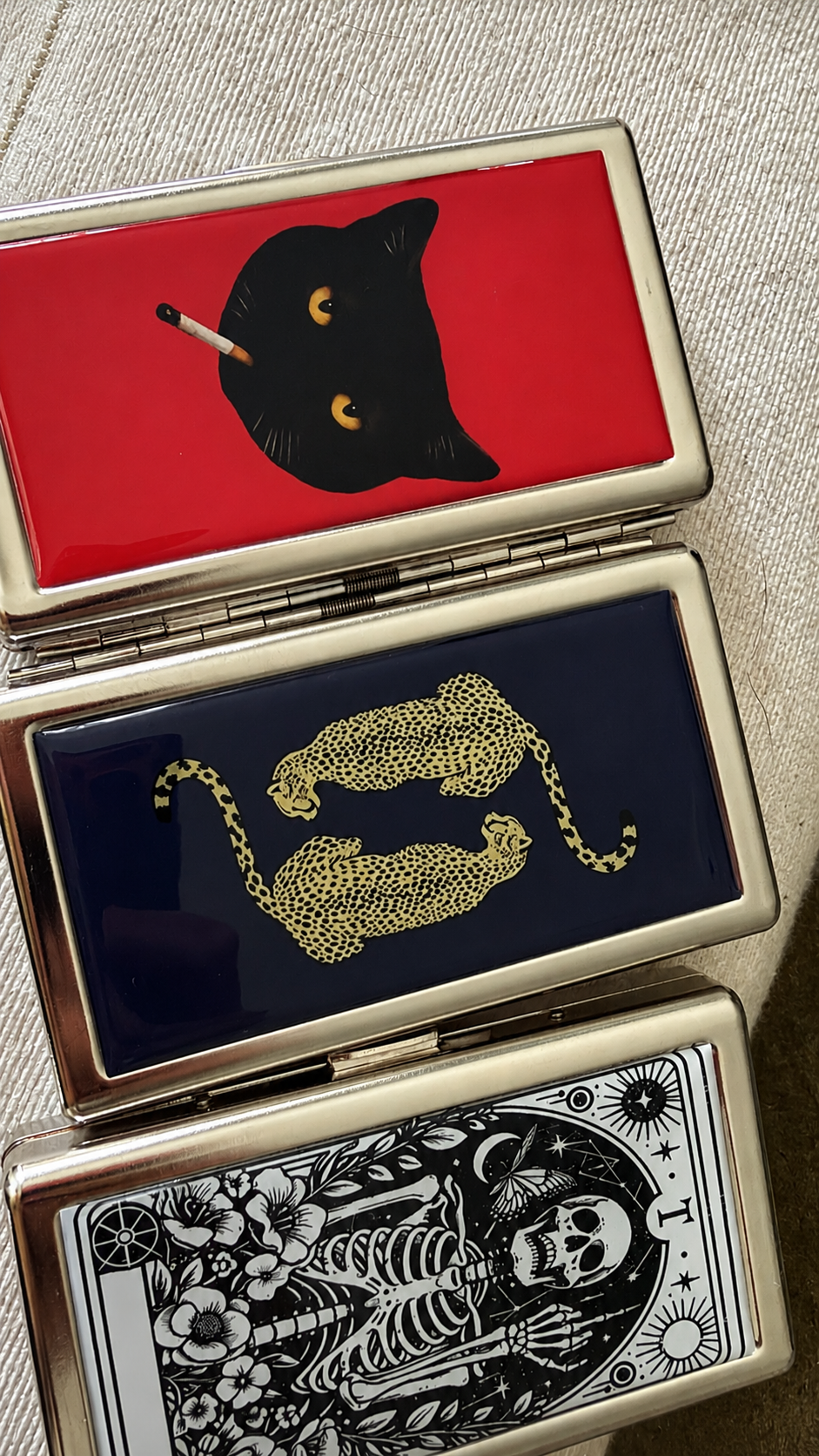 Close-up of three different KIMEX artwork finishes from the collection